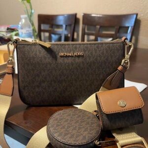 Michael Kors Dark Brown Crossbody Bag with Tan Accents